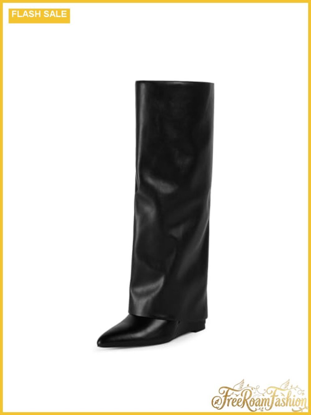 Faux Leather Knee High Boots Fold Over Wedge Heel Pointed Toe Tall Boots